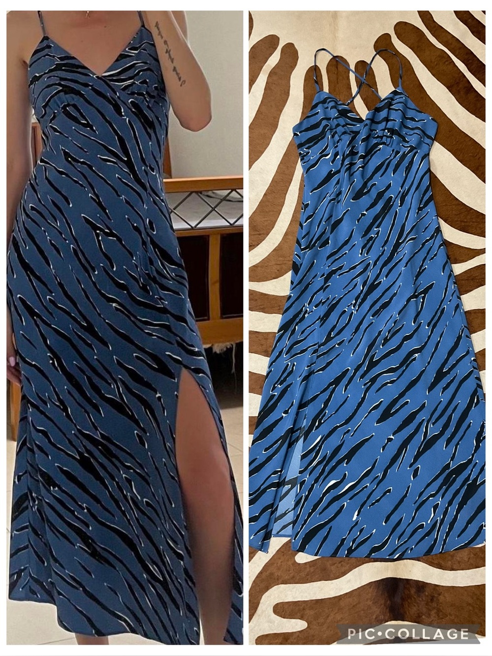 Naked Zebra High Slit Maxi Dress Size Small Blue Black White Strappy Sexy Slinky